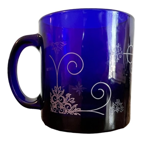 Cobalt Blue Coffee Cup, Mug Etched Pattern Made in USA - Picture 5 of 7